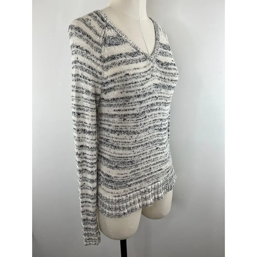 Eileen Fisher Marled White Gray Knit VNeck Long Sleeve Pullover Petite M Medium
